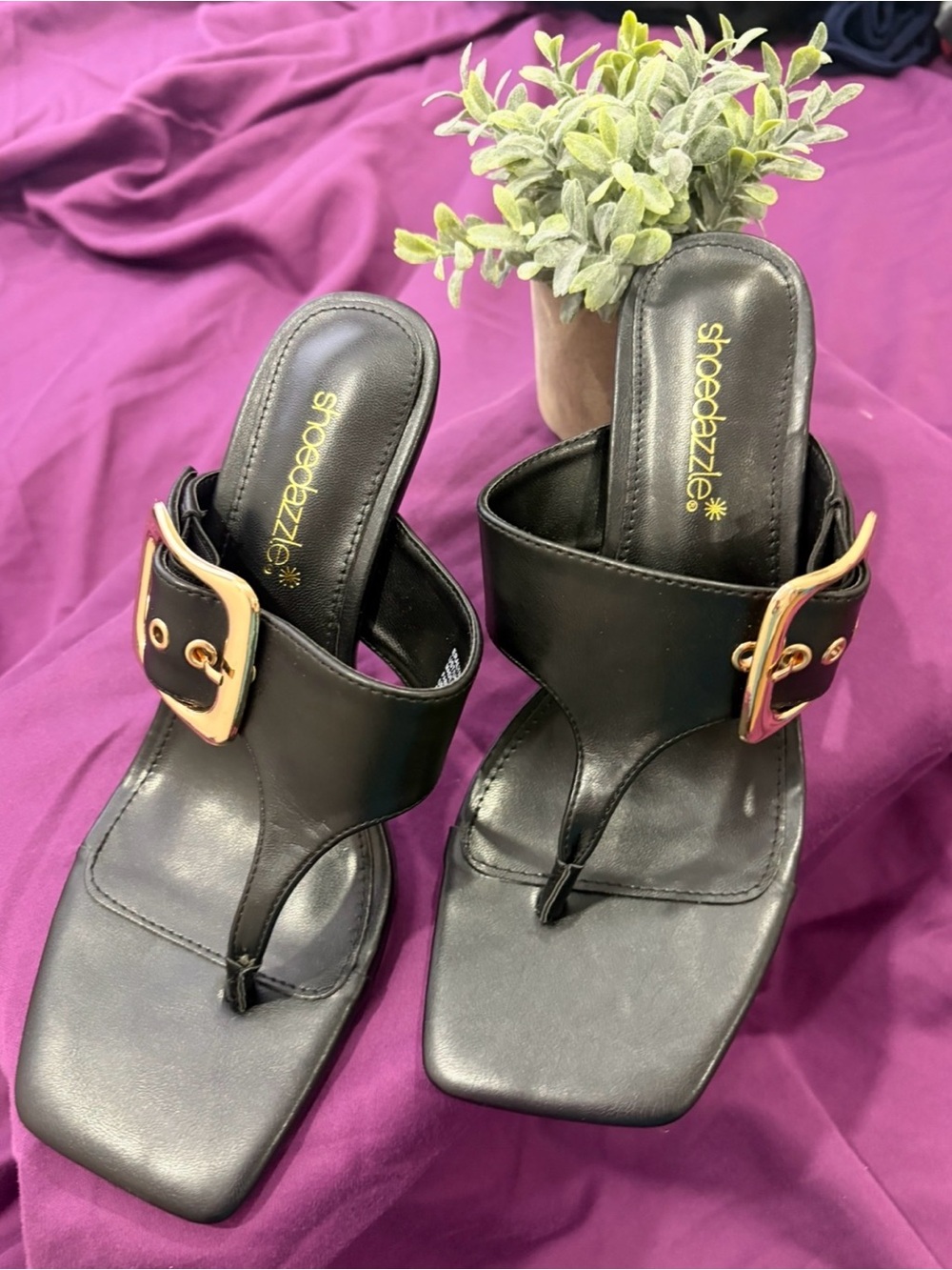NEW! Shoe Dazzle Black Thong Mules with Gold Buckle Accent.  never worn, no box